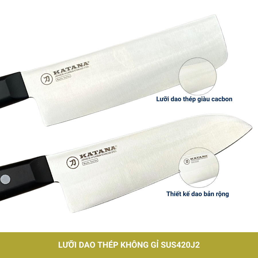 Bộ 2 Dao Katana Basic Santoku & Nakiri 165mm – Dao Thái Thịt Cá Rau Củ – KATA401 & KATA403