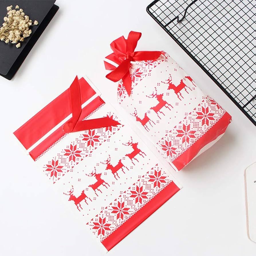 Túi bánh kẹo dây rút Giáng Sinh Tuần Lộc đỏ nền trắng (50 túi)