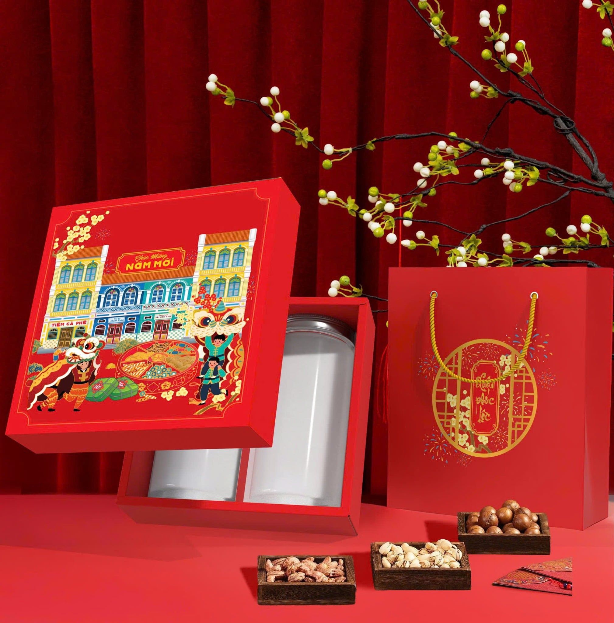 Bộ túi hộp Tết Việt 2 ngăn.