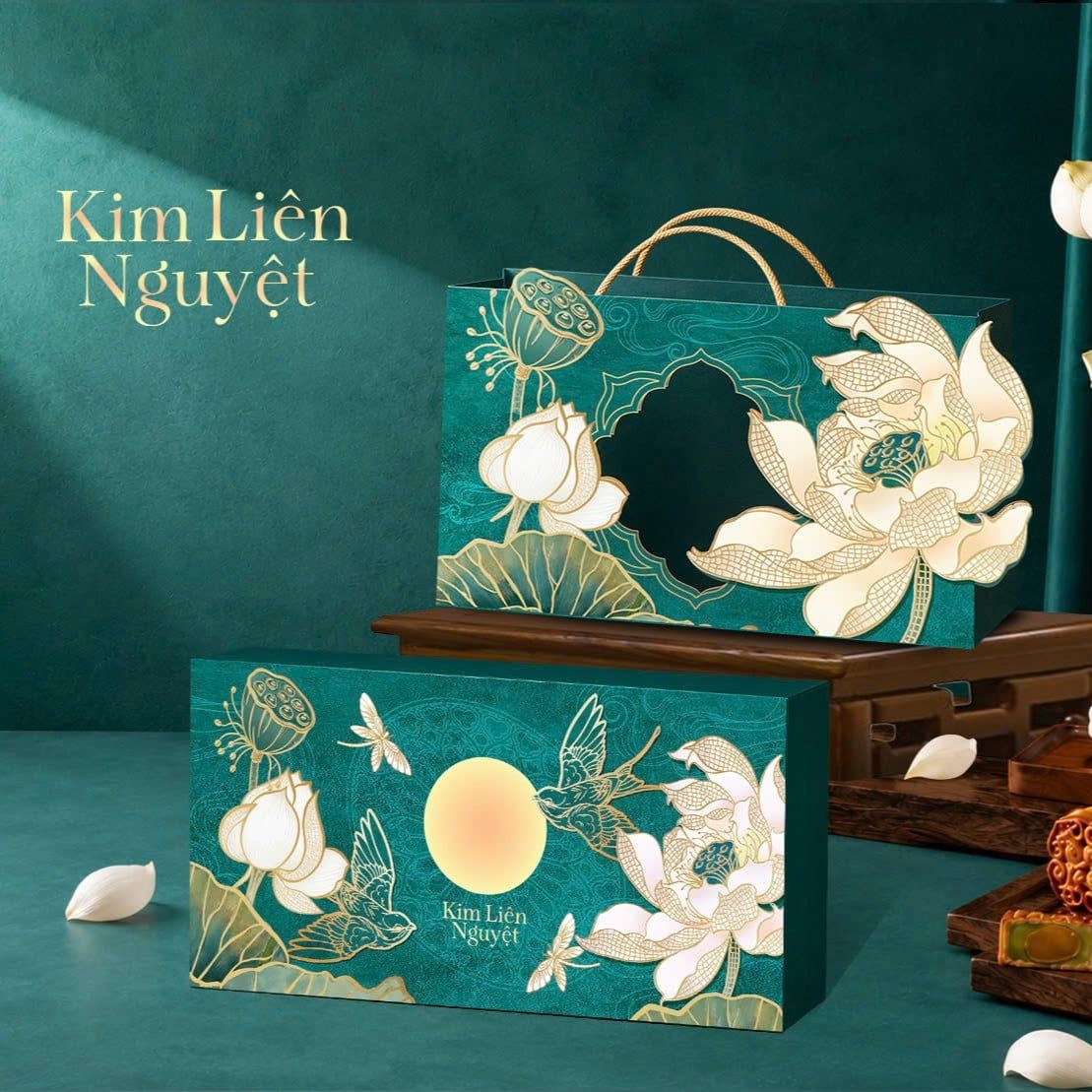 Hộp trung thu 2 bánh 150g - 250g Ngọc Liên Dạ Vũ kèm túi.