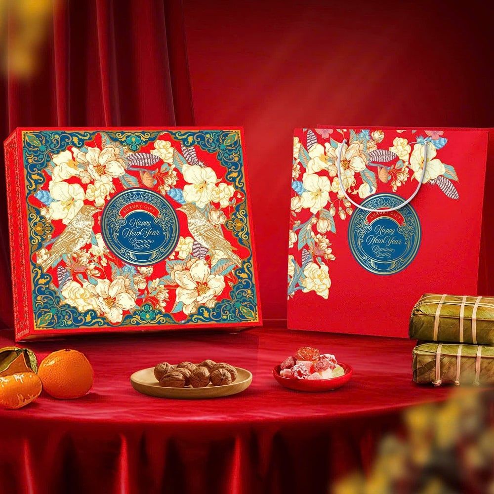 Bộ túi hộp tết đựng rượu Niên Hoa Đỏ