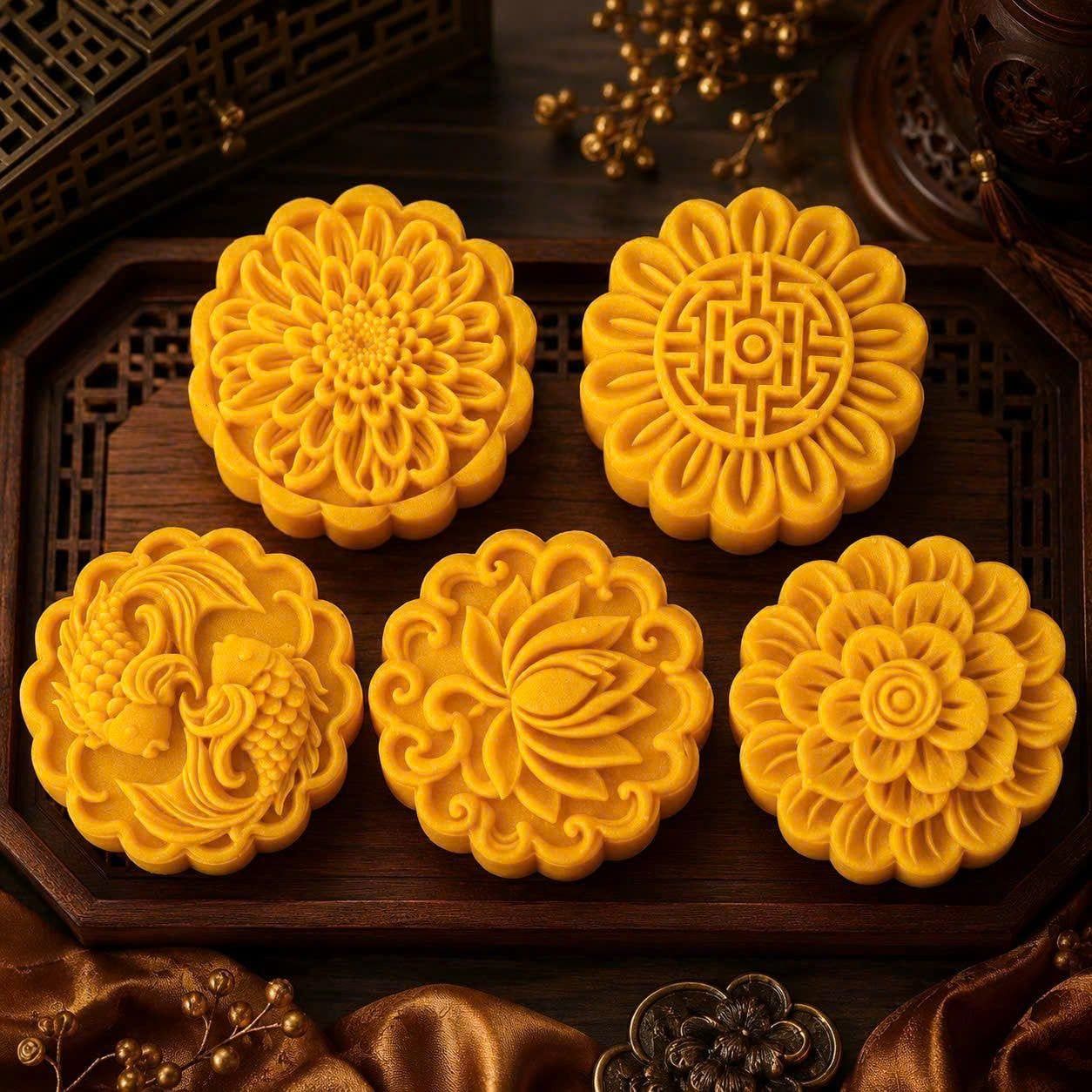 Khuôn trung thu 150g 5 mặt mẫu tròn Song Ngư Lộc Thọ.