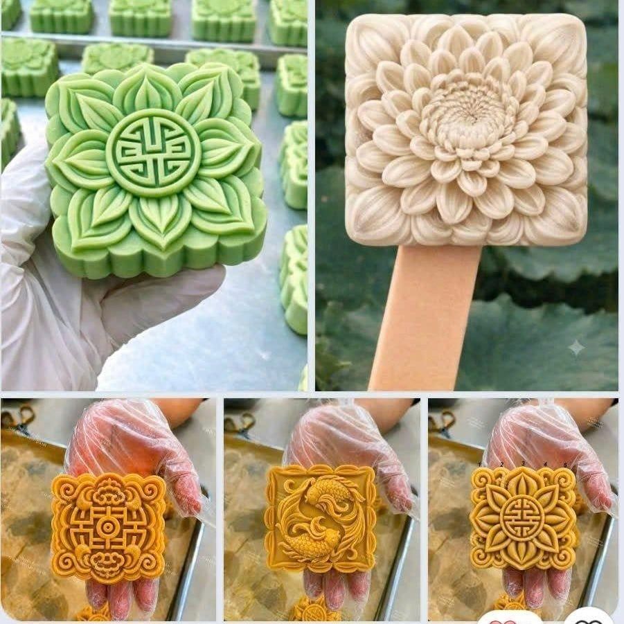 Khuôn trung thu 200g 5 mặt mẫu vuông Song Ngư Lộc Thọ.