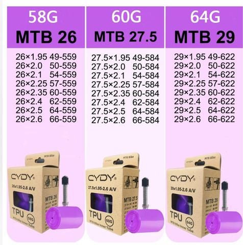  Ruột xe đạp TPU 58 gram CYDY 26 / 27.5 / 29 1.95 - 2.6 Van Mỹ 45mm 