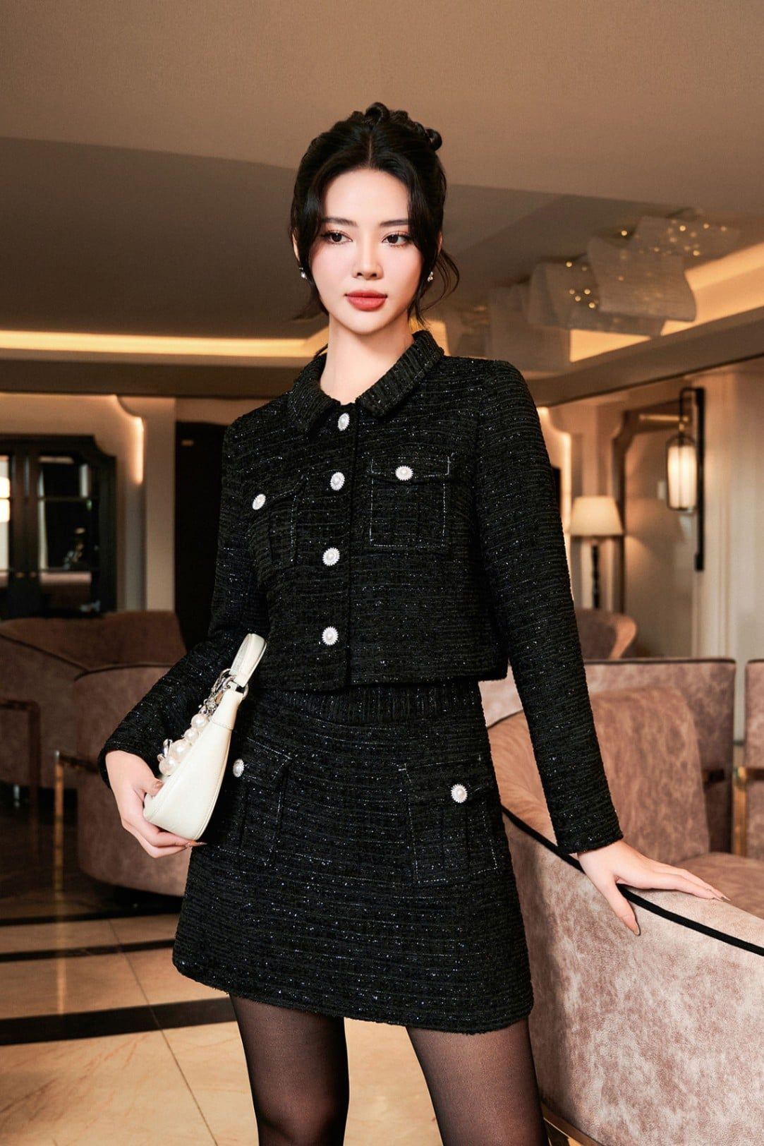 áo dạ tweed cổ bẻ cài cúc - V65W23T012