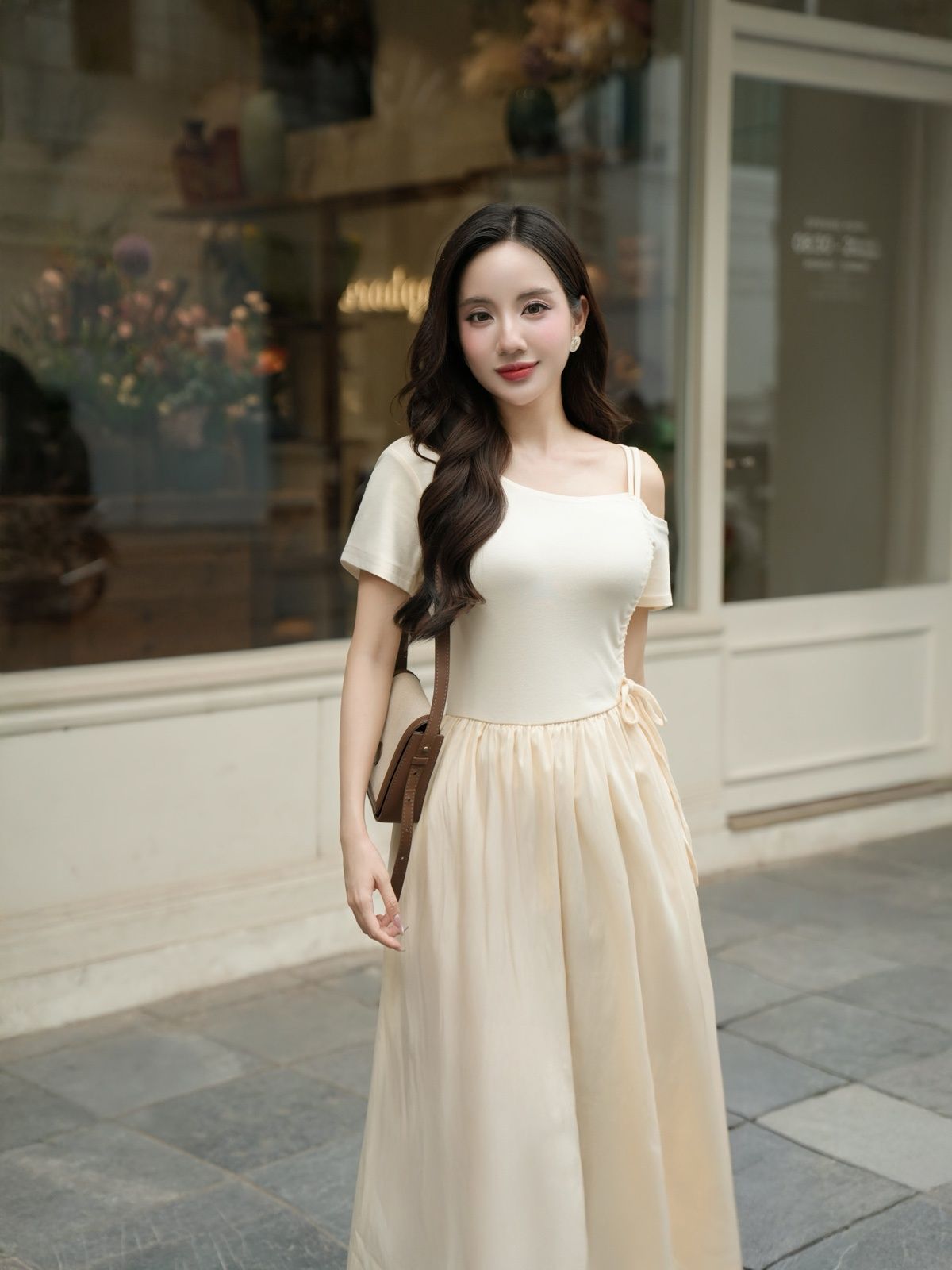 Đầm xòe lệch vai rút chun - D63L25H005