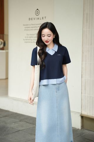 Áo croptop cổ bẻ phối kẻ - H61B25H011