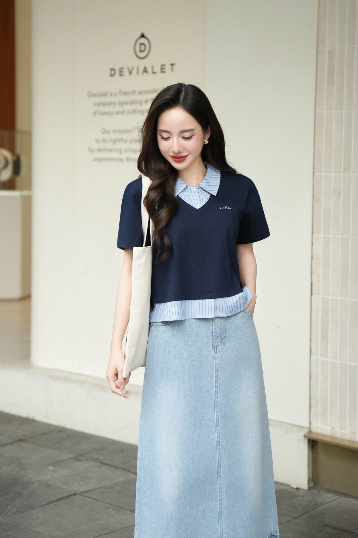 Áo croptop cổ bẻ phối kẻ - H61B25H011