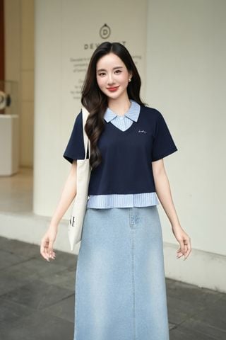 Áo croptop cổ bẻ phối kẻ - H61B25H011