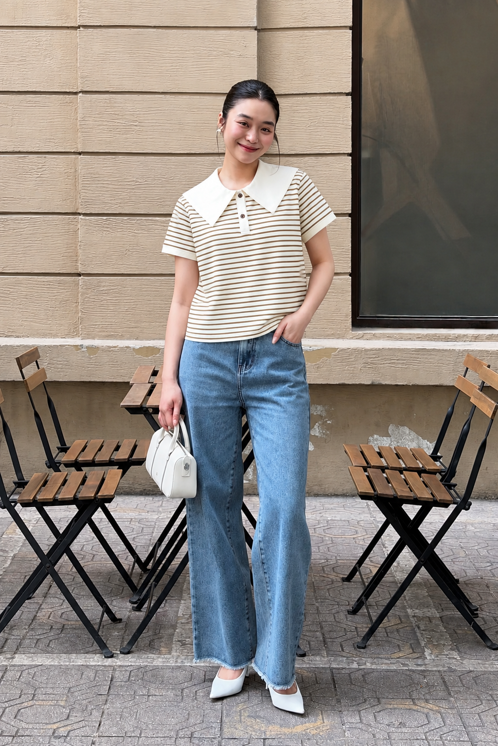Áo thun kẻ croptop phối cổ tay ngắn - H61B26H001