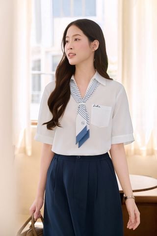 Áo sơ mi dáng rộng cổ V phối khăn - H61H24H002