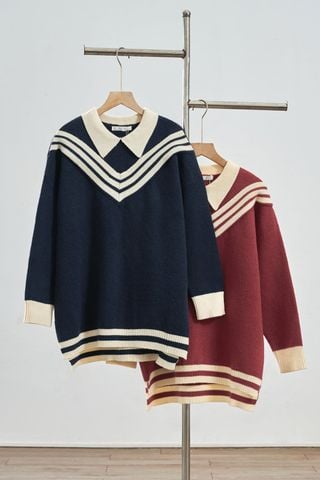 Áo len dáng rộng cổ bẻ phối kẻ - H61W25T009
