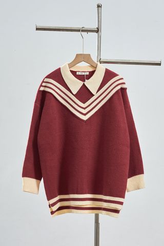 Áo len dáng rộng cổ bẻ phối kẻ - H61W25T009