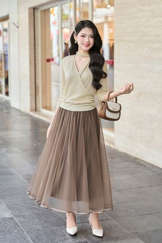 Chân váy xòe phủ lưới viền gấu - N62L25Q019