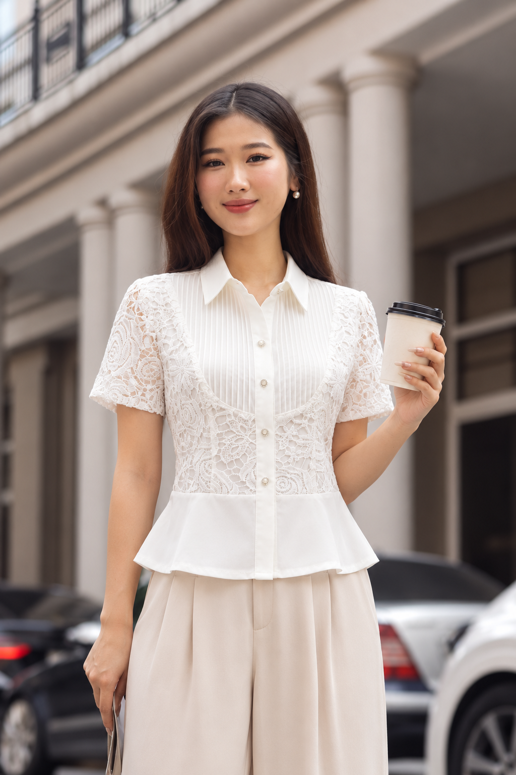 Áo sơ mi phối ren mí thân - L61H25H002