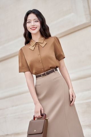 Áo sơ mi cổ phối nơ đính đá - L61H25H022