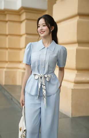 Áo sơ mi tay ngắn thắt eo buộc dây nơ - L61H25H087