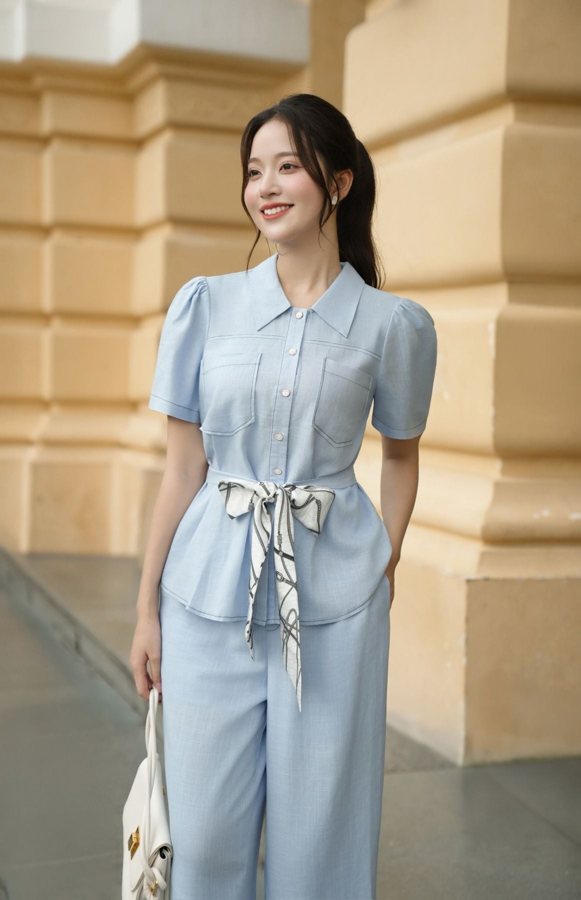 Áo sơ mi tay ngắn thắt eo buộc dây nơ - L61H25H087