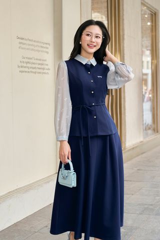 Áo sơ mi phối tay; nơ eo thêu ngực - L61H26Q004