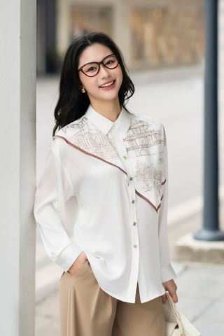 Áo sơ mi cổ đức phủ khăn in họa tiết - L61H26Q009