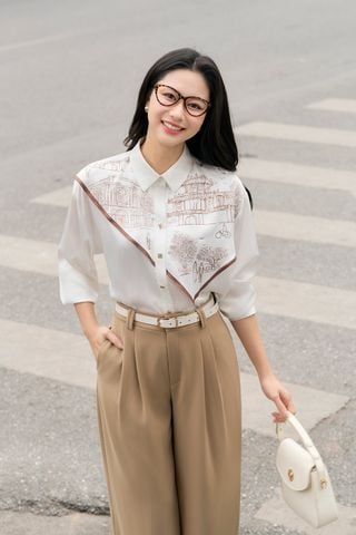 Áo sơ mi cổ đức phủ khăn in họa tiết - L61H26Q009