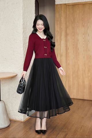 Chân váy xòe phủ lưới viền gấu - N62L25Q019