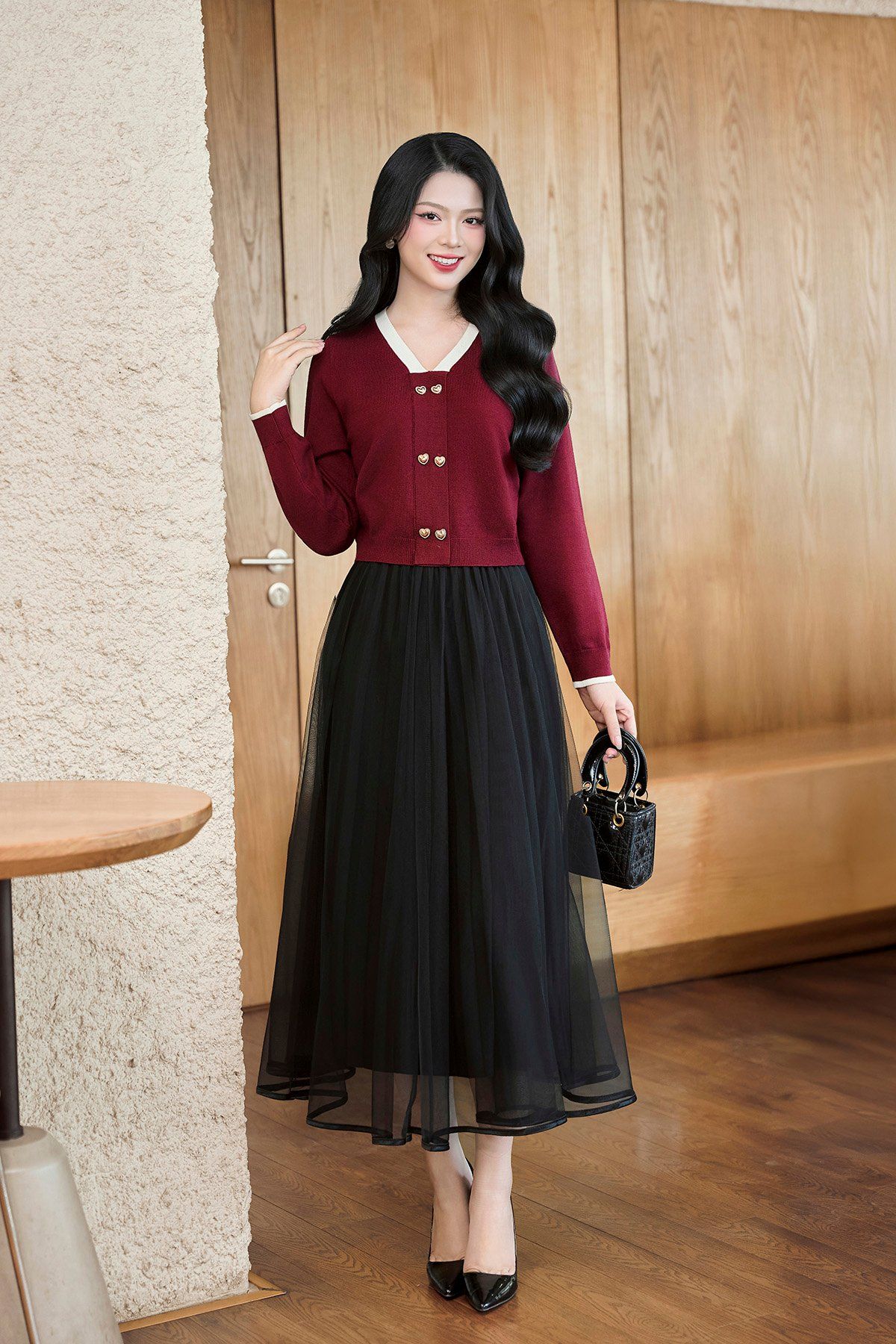 Chân váy xòe phủ lưới viền gấu - N62L25Q019