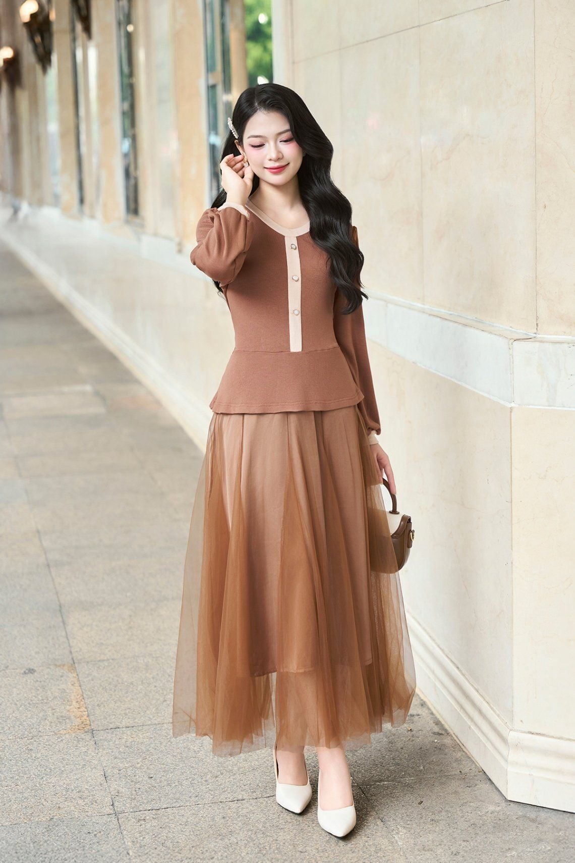 Đầm xòe lưới phối áo len peplum - L63L24T004