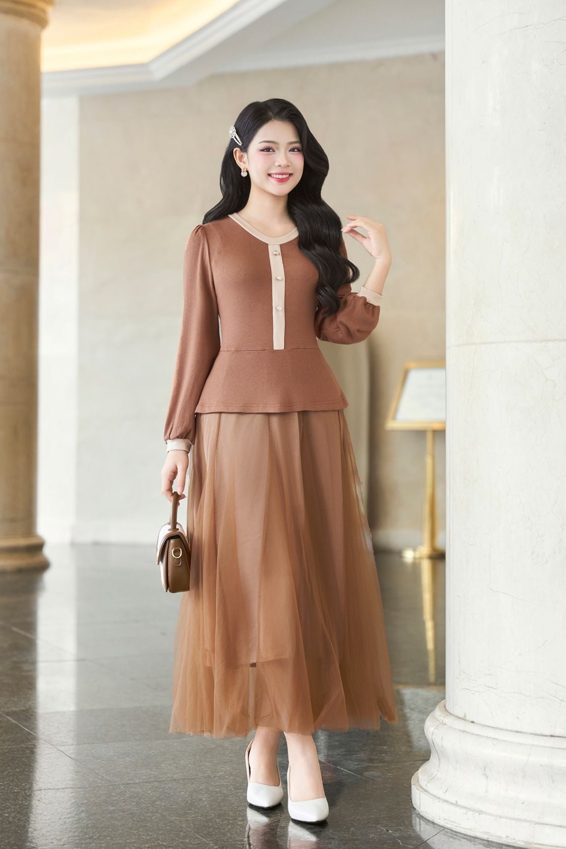 Đầm xòe lưới phối áo len peplum - L63L24T004