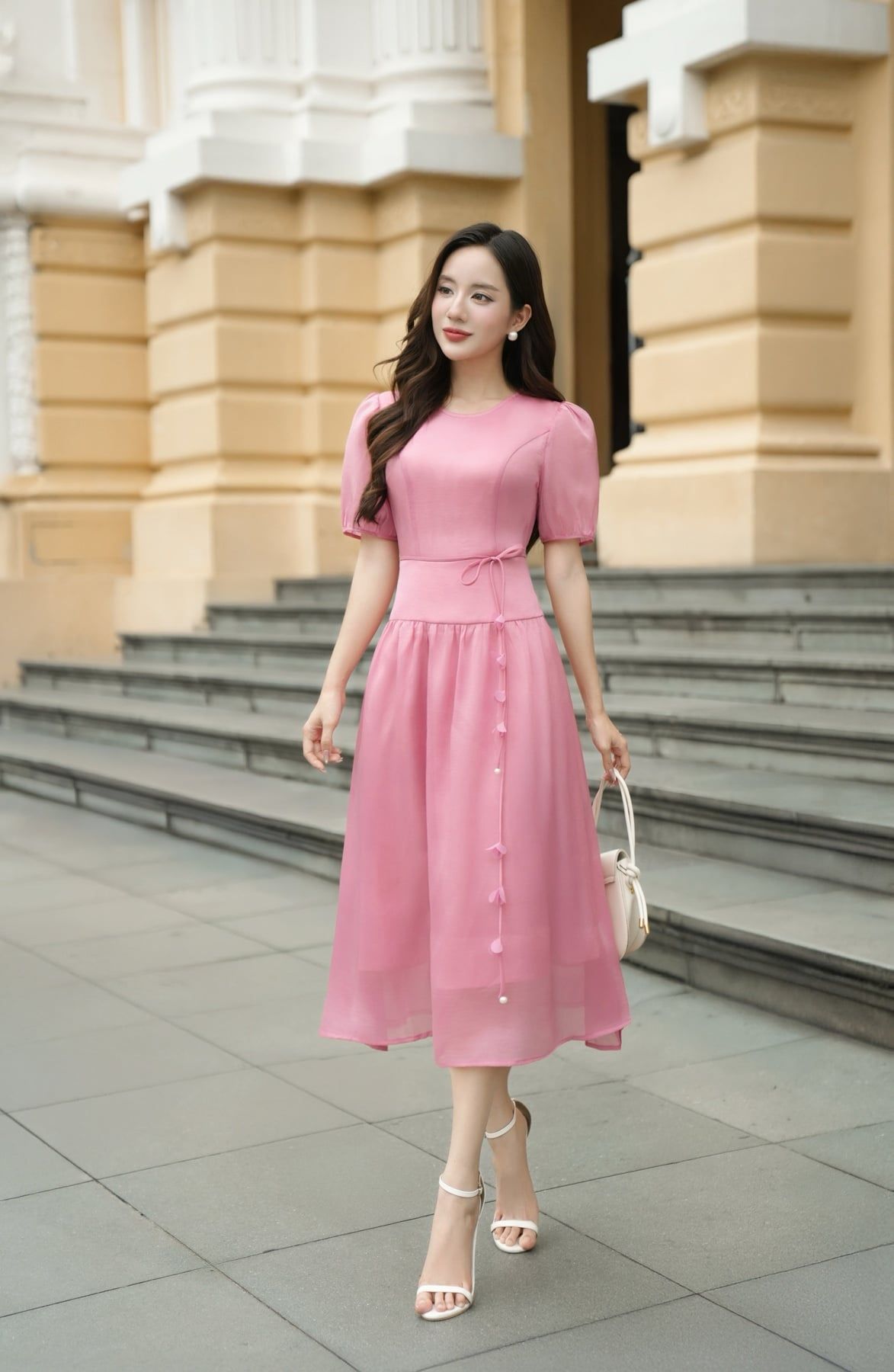 Đầm nhún xòe buộc nơ eo - L63L25H054