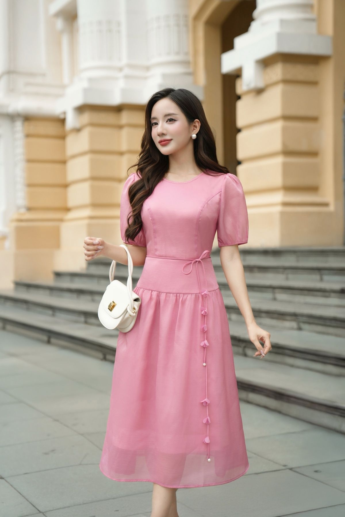 Đầm nhún xòe buộc nơ eo - L63L25H054