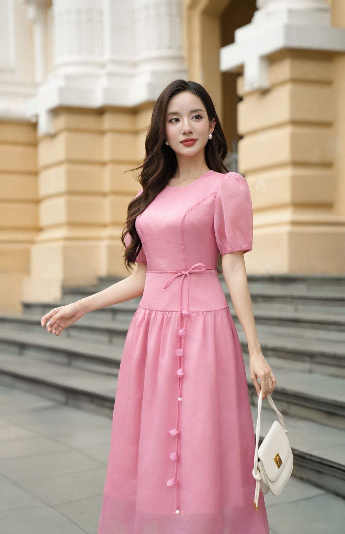 Đầm nhún xòe buộc nơ eo - L63L25H054