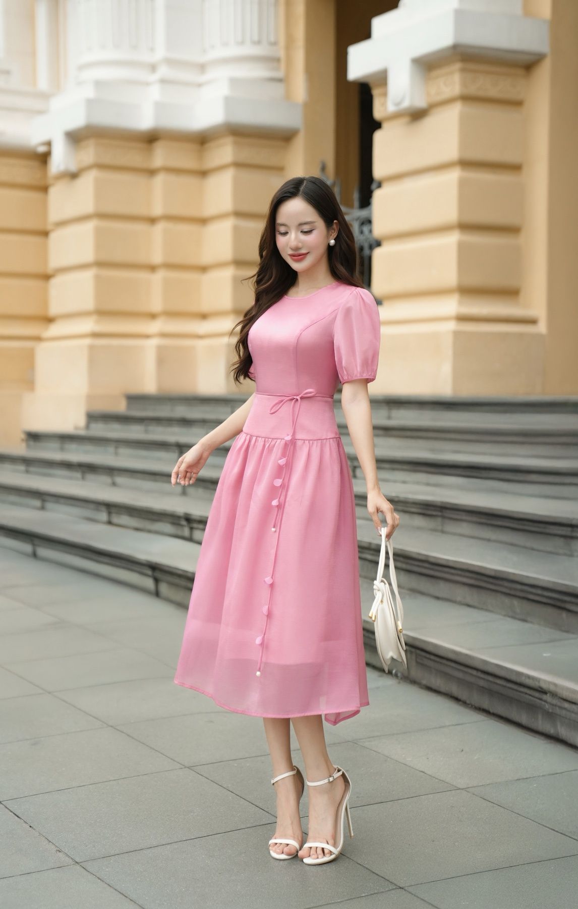 Đầm nhún xòe buộc nơ eo - L63L25H054