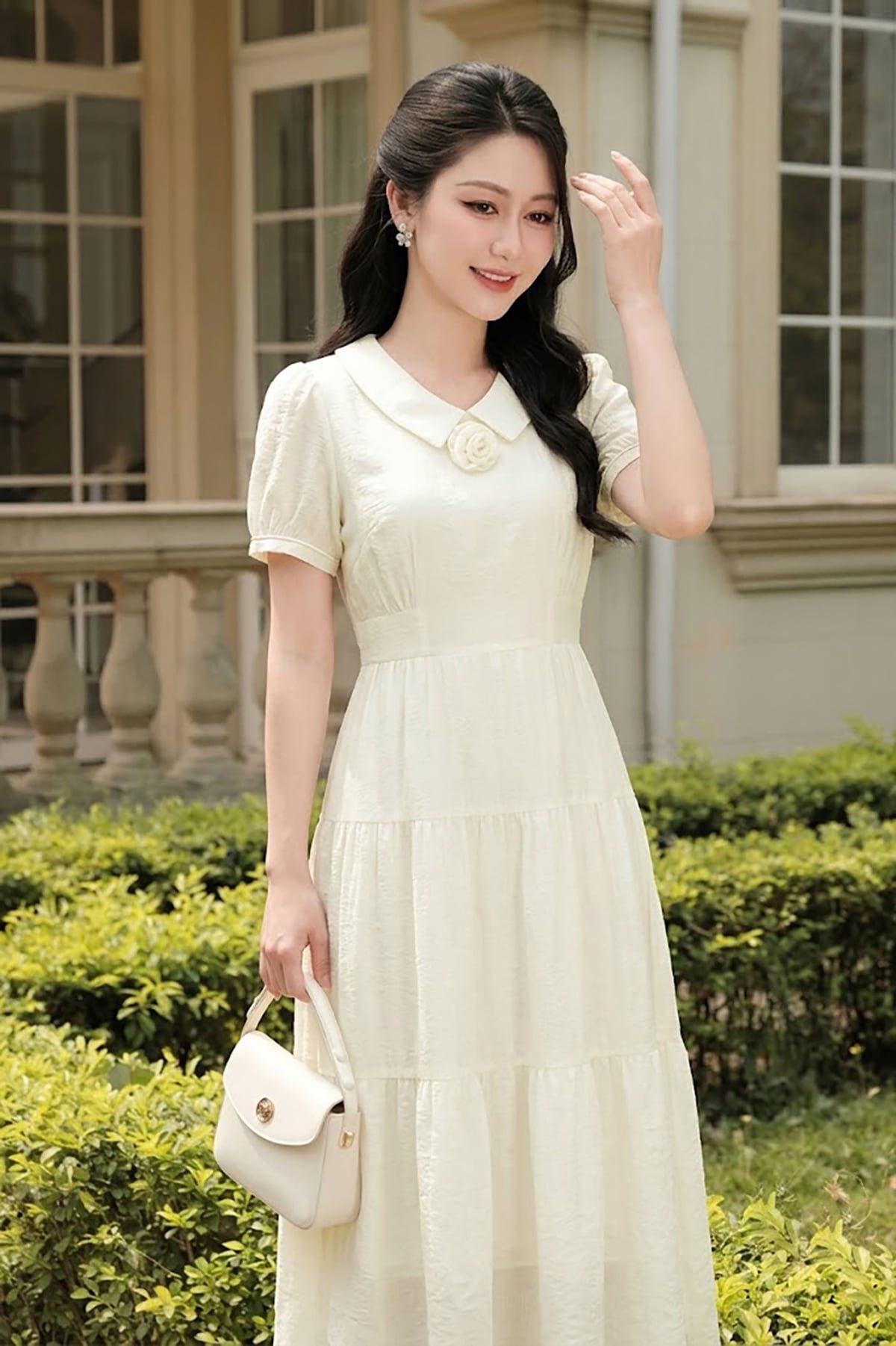 Đầm nhún 3 tầng chun eo đính hoa - L63M26H006
