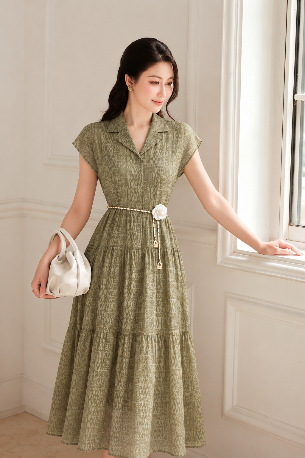 Đầm maxi dáng xòe vai chờm phối dây hoa trang trí rời - L63M26H017