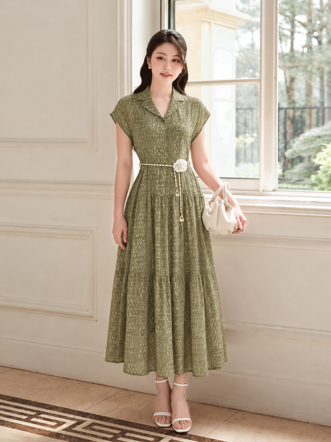 Đầm maxi dáng xòe vai chờm phối dây hoa trang trí rời - L63M26H017