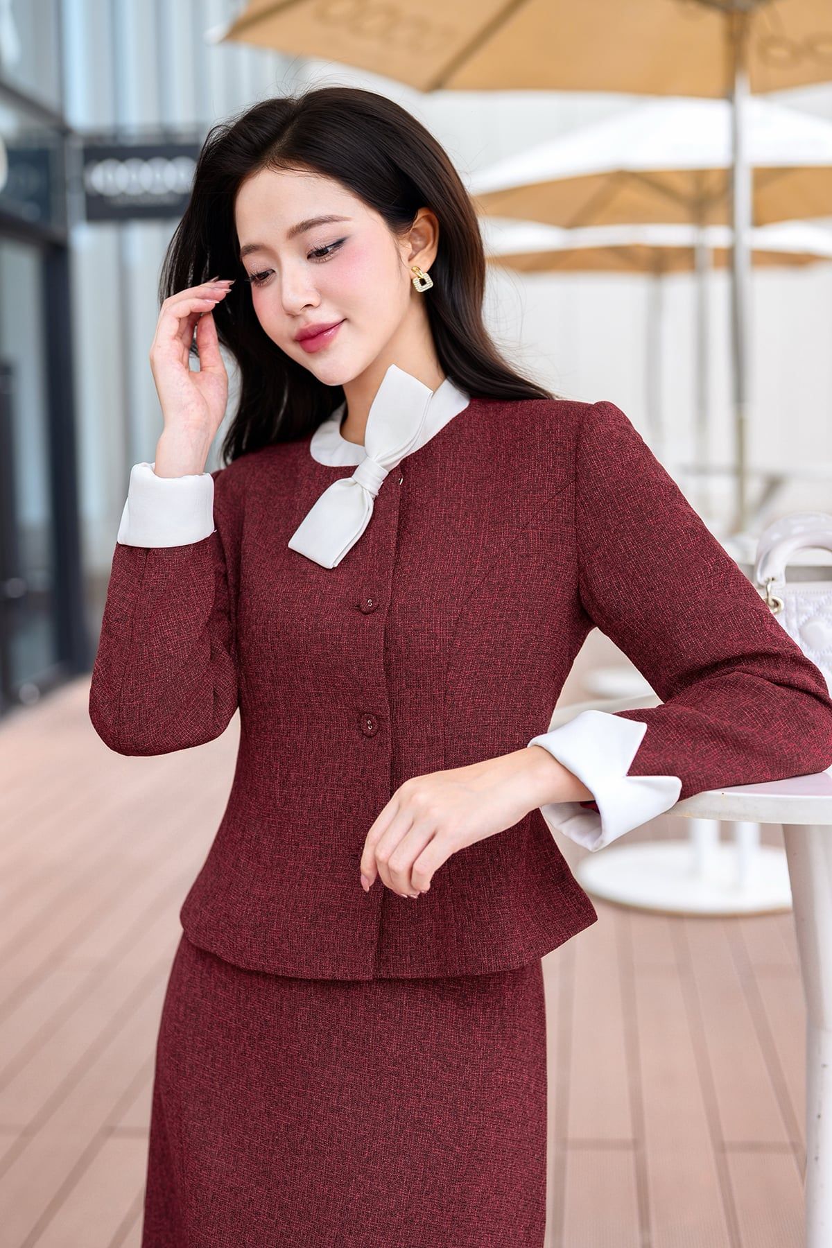 Áo dạ phối cổ đính nơ - L65W25T024