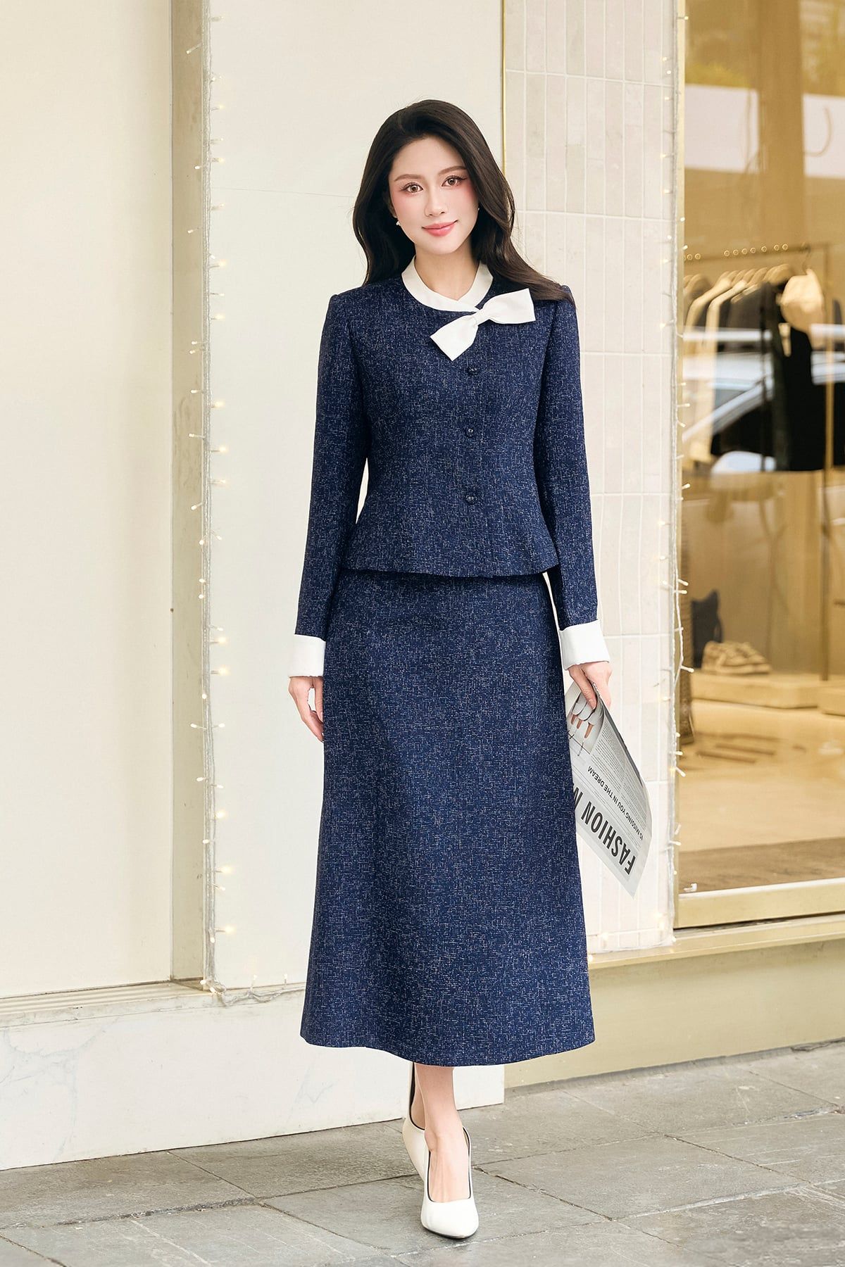 Áo dạ phối cổ đính nơ - L65W25T024