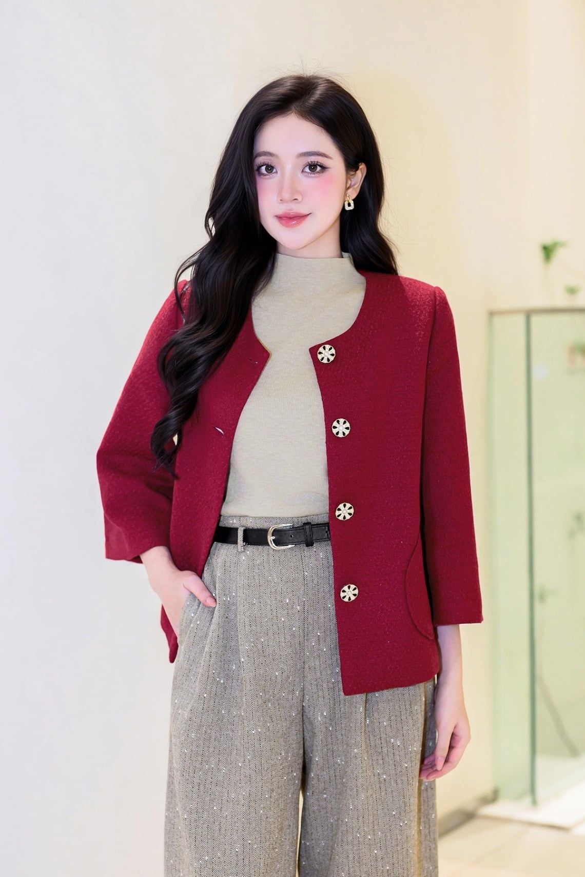 Áo dạ cổ tròn tay loe - L65W25T036