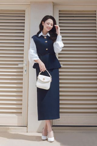 Áo gile dáng rộng cổ tròn phối dây đai eo - L66C25T003 (Hàng đặt trước)