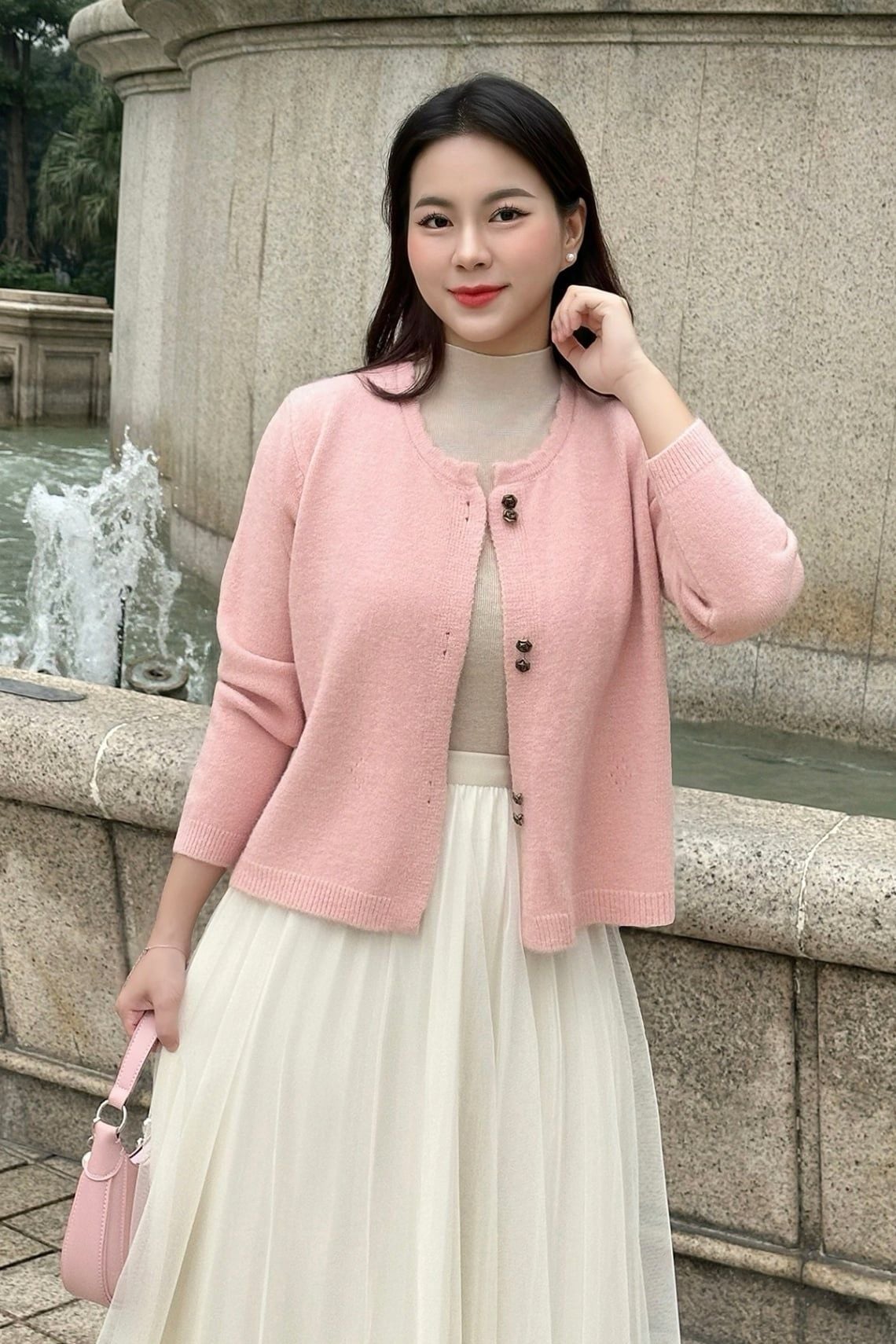 Áo cardigan cổ tròn cúc đồng hoa hồng - N65C24T156