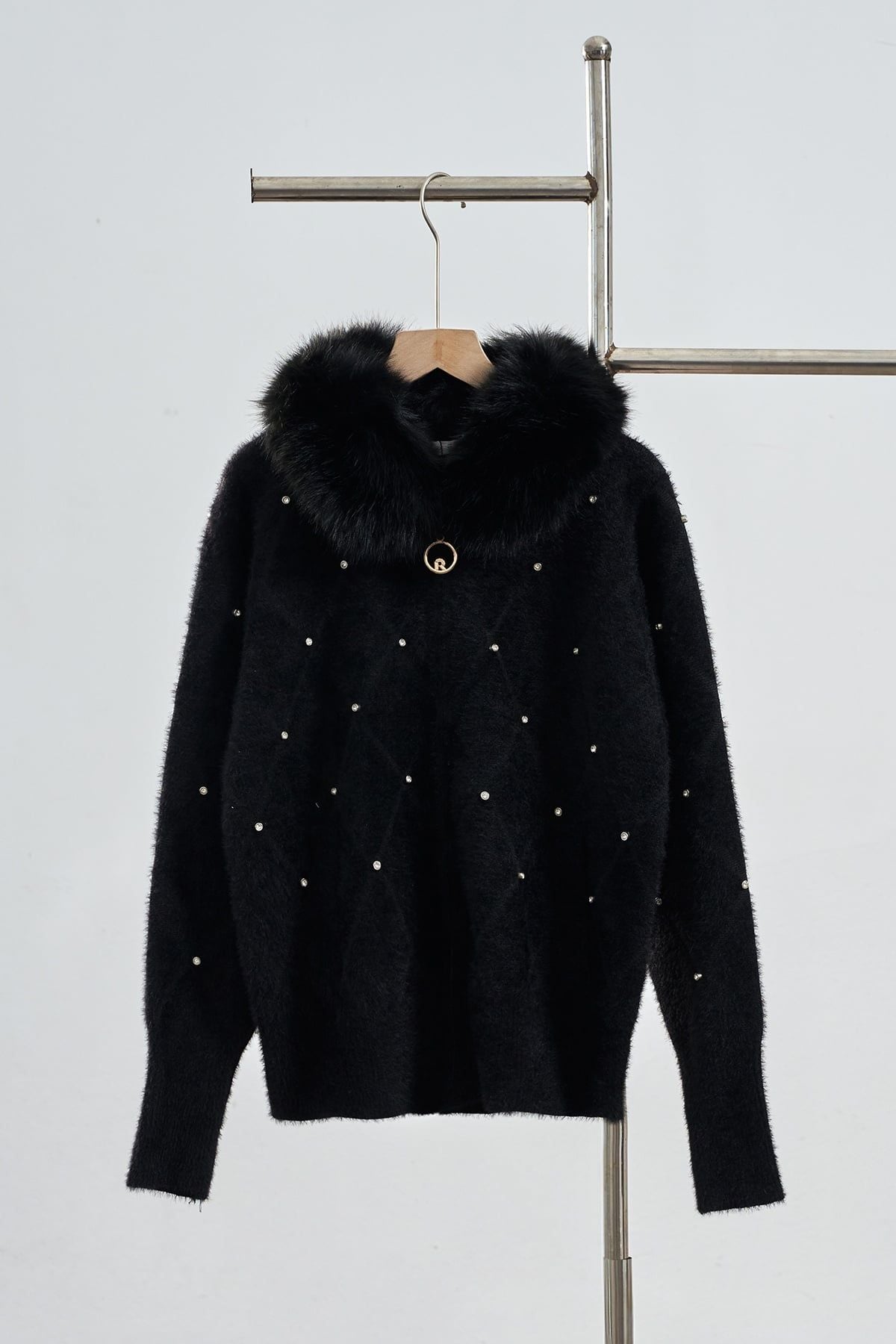 Áo khoác cổ lông kéo khoá đính đá - N65O25T032