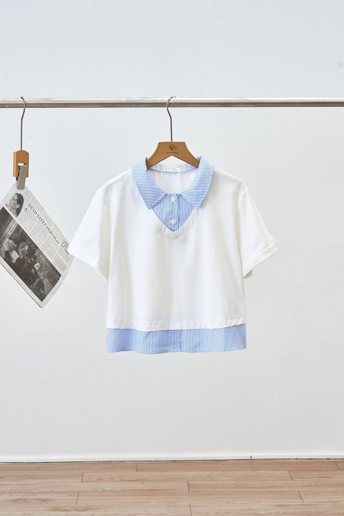 Áo croptop cổ bẻ phối kẻ - O61B25H006