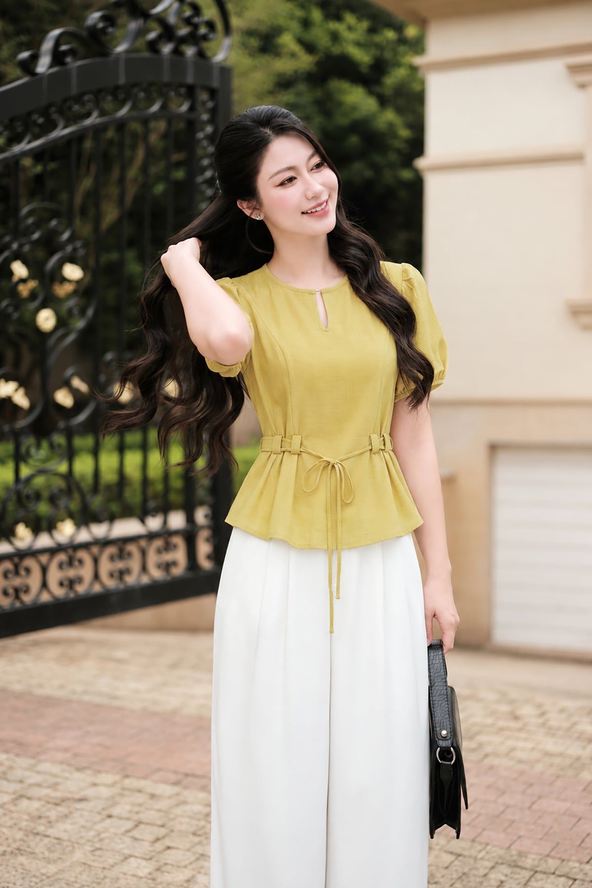 Áo cổ tròn tay bồng buộc eo - O61B26H038