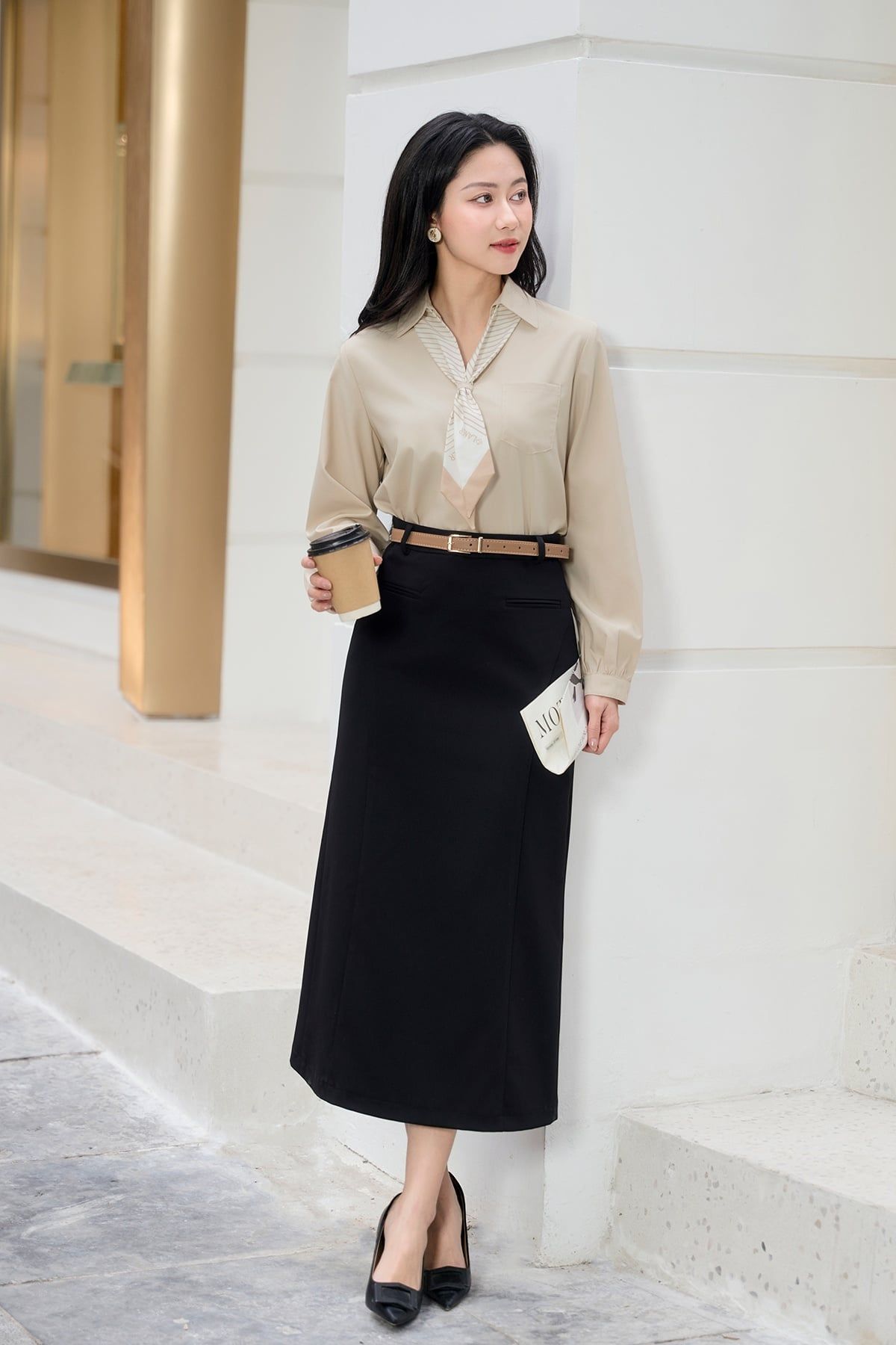 Áo sơ mi dài tay phối khăn cổ - O61B26Q009