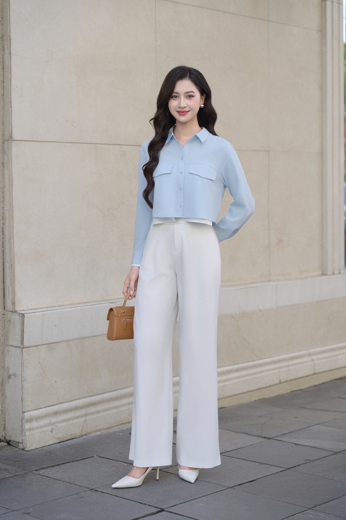 Áo sơ mi dài tay croptop vai chờm phối màu - O61H25Q008