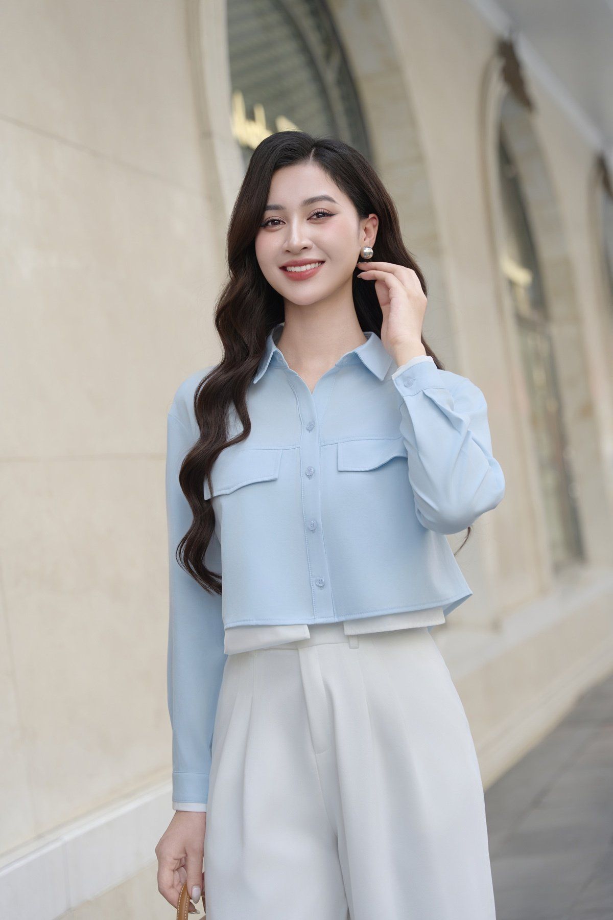 Áo sơ mi dài tay croptop vai chờm phối màu - O61H25Q008