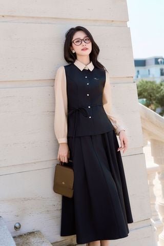 Áo sơ mi nơ eo phối tay - O61H25Q019