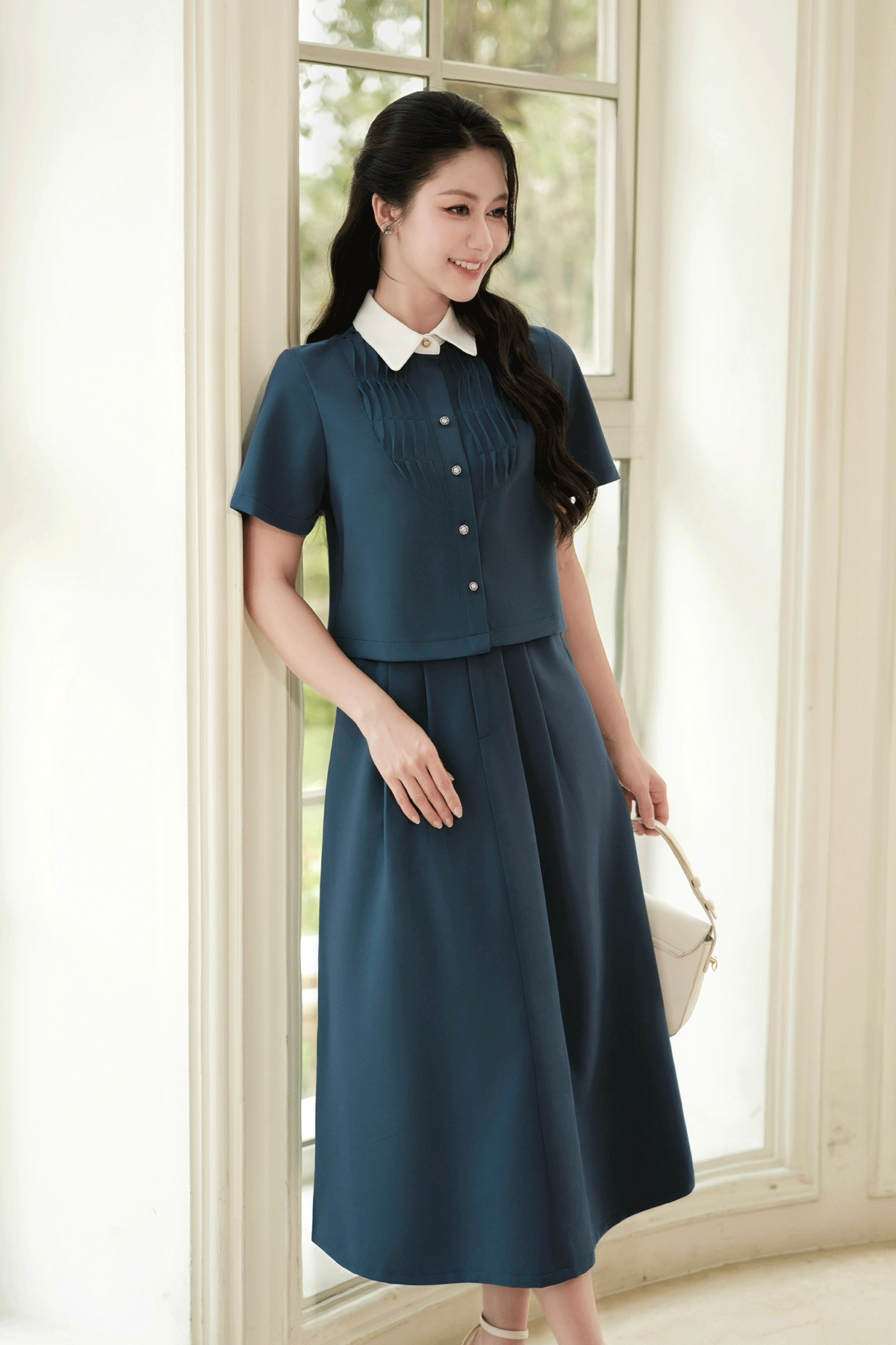 Áo sơ mi cộc tay phối cổ sen mí ngực - O61H26Q008