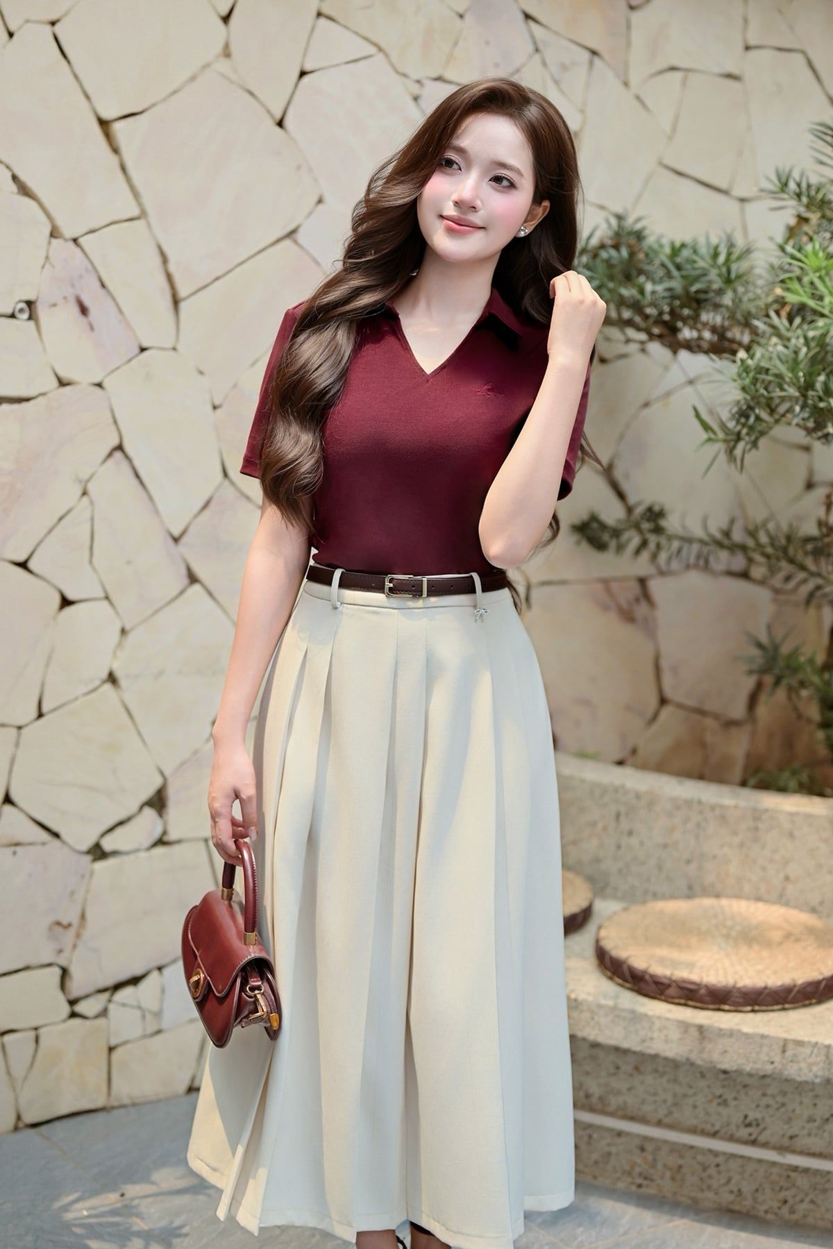 Áo thun cổ bẻ thêu chữ - O61S25H004